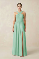 Cross Halter Neck Chiffon A-Line Bridesmaid Dress With Slit in Pale Pistachio - SHE IS ME BRIDESMAID DRESSES