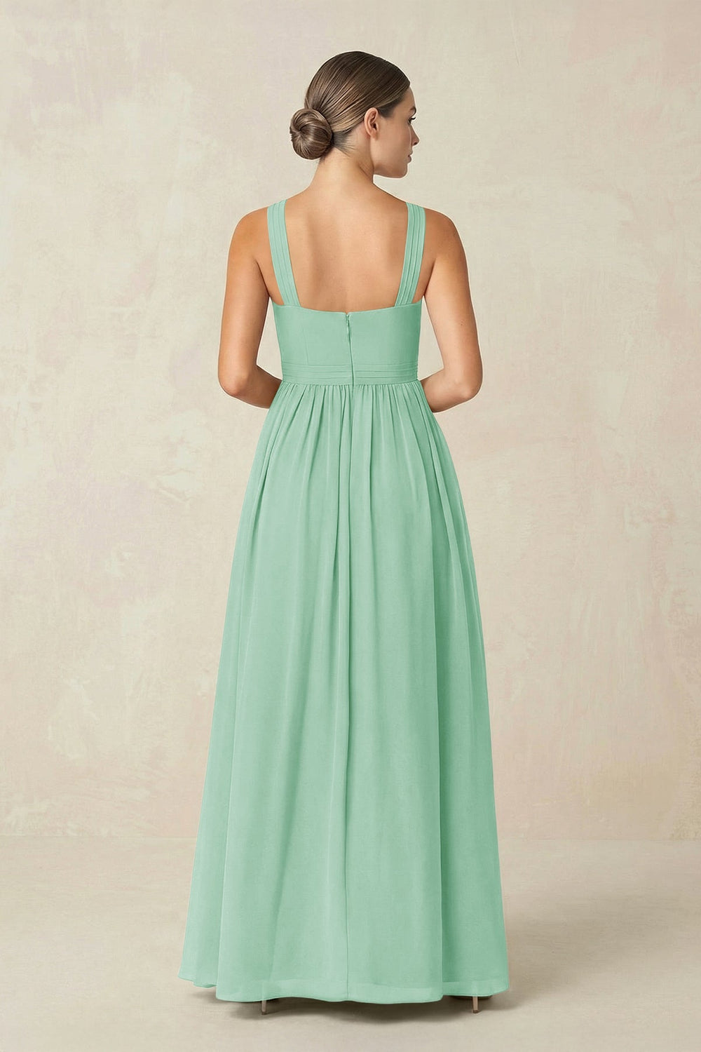 Cross Halter Neck Chiffon A-Line Bridesmaid Dress With Slit in Pale Pistachio - KISS BRIDAL BRIDESMAID DRESSES