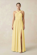 Cross Halter Neck Chiffon A-Line Bridesmaid Dress With Slit in Pastel Yellow - SHE IS ME BRIDESMAID DRESSES