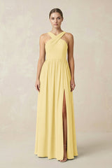 Cross Halter Neck Chiffon A-Line Bridesmaid Dress With Slit in Pastel Yellow - KISS BRIDAL BRIDESMAID DRESSES