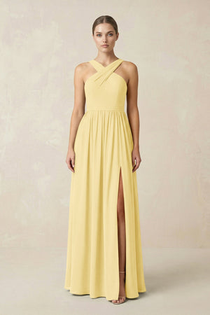 Cross Halter Neck Chiffon A-Line Bridesmaid Dress With Slit in Pastel Yellow - SHE IS ME BRIDESMAID DRESSES