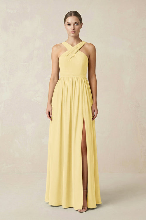 Cross Halter Neck Chiffon A-Line Bridesmaid Dress With Slit in Pastel Yellow - SHE IS ME BRIDESMAID DRESSES