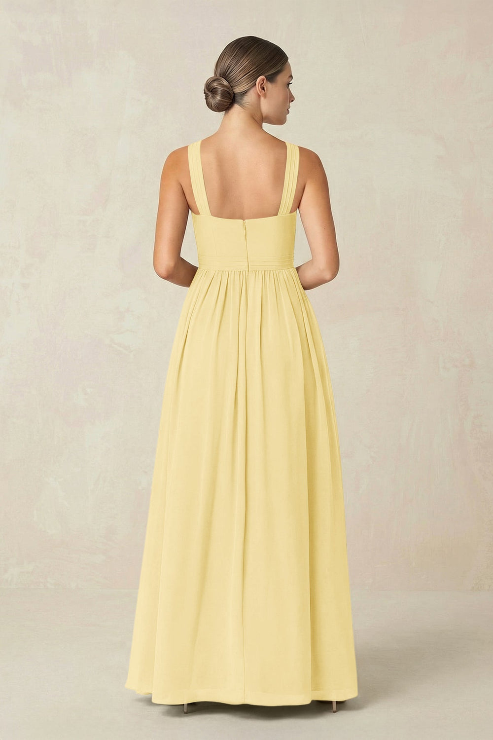 Cross Halter Neck Chiffon A-Line Bridesmaid Dress With Slit in Pastel Yellow - KISS BRIDAL BRIDESMAID DRESSES