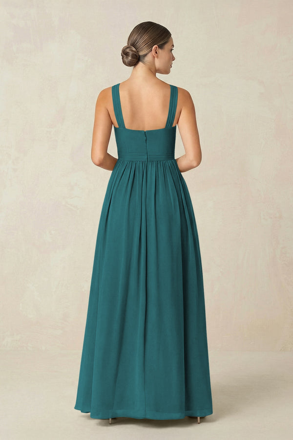 Cross Halter Neck Chiffon A-Line Bridesmaid Dress With Slit in Pine - SHE IS ME BRIDESMAID DRESSES