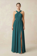 Cross Halter Neck Chiffon A-Line Bridesmaid Dress With Slit in Pine - SHE IS ME BRIDESMAID DRESSES
