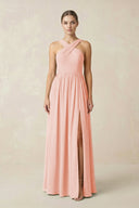 Cross Halter Neck Chiffon A-Line Bridesmaid Dress With Slit in Rose Petal - SHE IS ME BRIDESMAID DRESSES
