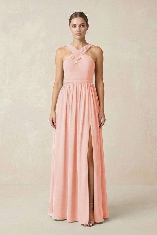 Cross Halter Neck Chiffon A-Line Bridesmaid Dress With Slit in Rose Petal - SHE IS ME BRIDESMAID DRESSES