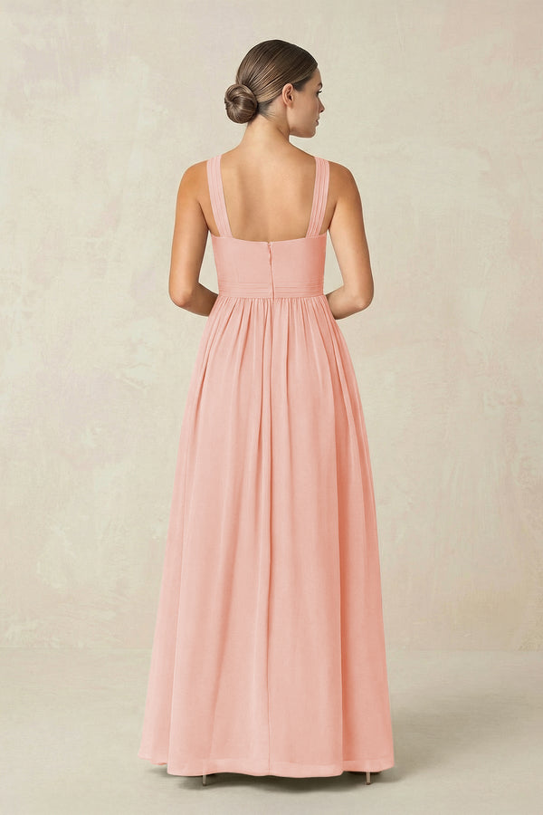 Cross Halter Neck Chiffon A-Line Bridesmaid Dress With Slit in Rose Petal - SHE IS ME BRIDESMAID DRESSES