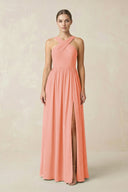 Cross Halter Neck Chiffon A-Line Bridesmaid Dress With Slit in Rosette - SHE IS ME BRIDESMAID DRESSES