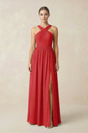 Cross Halter Neck Chiffon A-Line Bridesmaid Dress With Slit in Ruby Red - SHE IS ME BRIDESMAID DRESSES