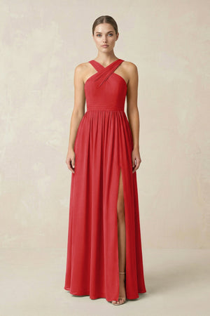 Cross Halter Neck Chiffon A-Line Bridesmaid Dress With Slit in Ruby Red - SHE IS ME BRIDESMAID DRESSES