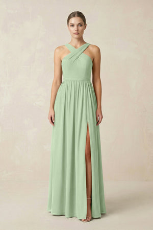 Cross Halter Neck Chiffon A-Line Bridesmaid Dress With Slit in Sage - SHE IS ME BRIDESMAID DRESSES