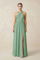 Cross Halter Neck Chiffon A-Line Bridesmaid Dress With Slit in Sea Glass - SHE IS ME BRIDESMAID DRESSES