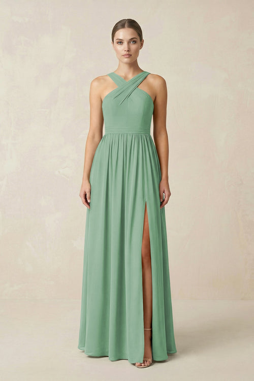 Cross Halter Neck Chiffon A-Line Bridesmaid Dress With Slit in Sea Glass - SHE IS ME BRIDESMAID DRESSES