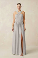 Cross Halter Neck Chiffon A-Line Bridesmaid Dress With Slit in Silver - SHE IS ME BRIDESMAID DRESSES