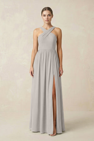 Cross Halter Neck Chiffon A-Line Bridesmaid Dress With Slit in Silver - SHE IS ME BRIDESMAID DRESSES