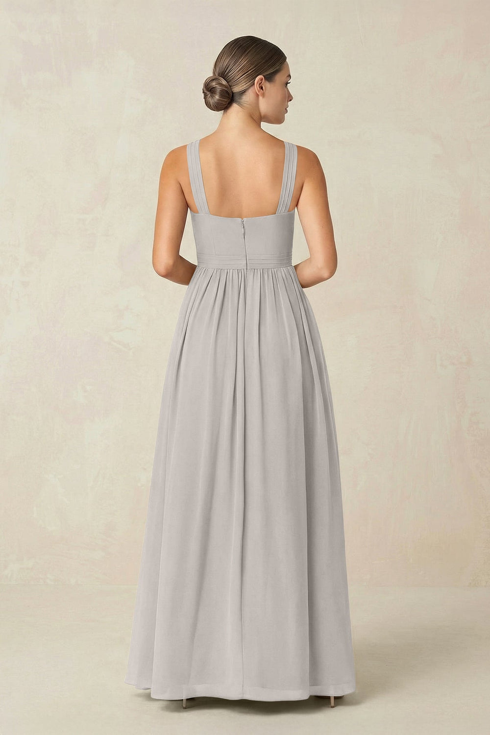 Cross Halter Neck Chiffon A-Line Bridesmaid Dress With Slit in Silver - KISS BRIDAL BRIDESMAID DRESSES