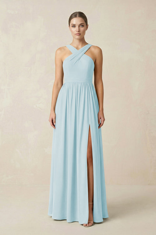 Cross Halter Neck Chiffon A-Line Bridesmaid Dress With Slit in Sky Blue - SHE IS ME BRIDESMAID DRESSES