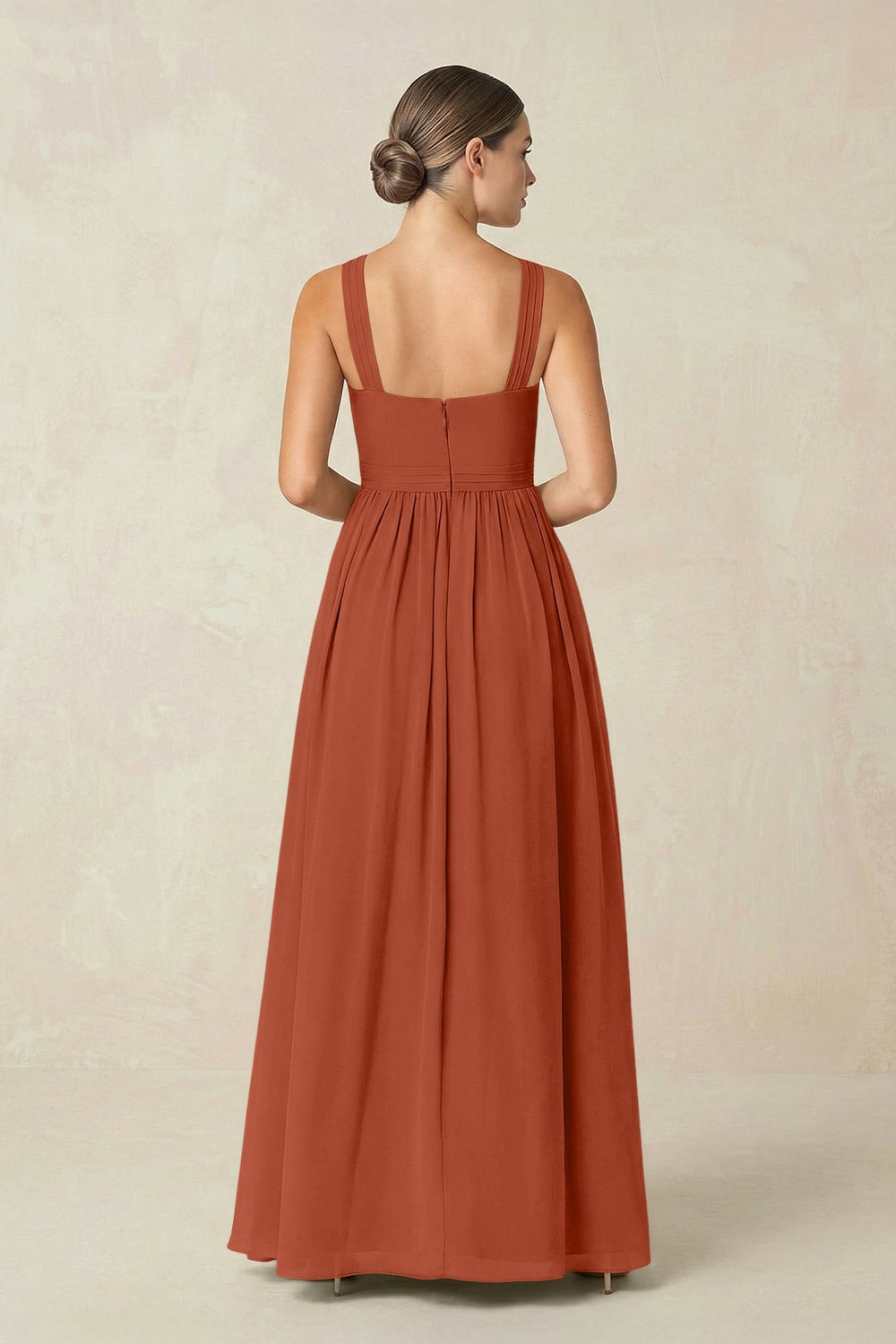 Cross Halter Neck Chiffon A-Line Bridesmaid Dress With Slit in Spice - KISS BRIDAL BRIDESMAID DRESSES