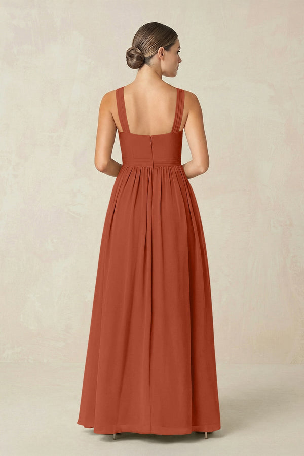 Cross Halter Neck Chiffon A-Line Bridesmaid Dress With Slit in Spice - SHE IS ME BRIDESMAID DRESSES