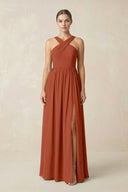 Cross Halter Neck Chiffon A-Line Bridesmaid Dress With Slit in Spice - SHE IS ME BRIDESMAID DRESSES