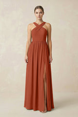 Cross Halter Neck Chiffon A-Line Bridesmaid Dress With Slit in Spice - KISS BRIDAL BRIDESMAID DRESSES