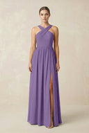 Cross Halter Neck Chiffon A-Line Bridesmaid Dress With Slit in Tahiti - SHE IS ME BRIDESMAID DRESSES