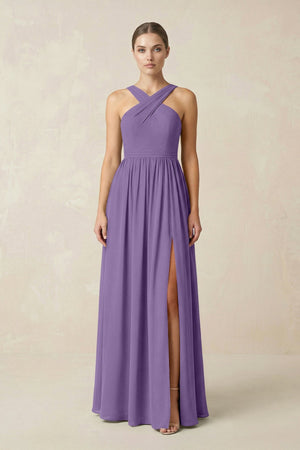 Cross Halter Neck Chiffon A-Line Bridesmaid Dress With Slit in Tahiti - SHE IS ME BRIDESMAID DRESSES