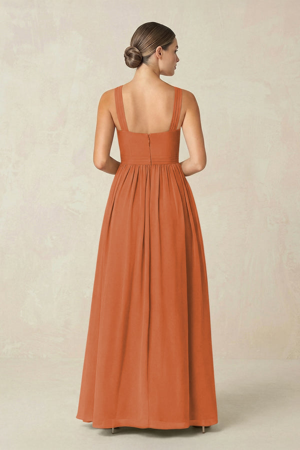 Cross Halter Neck Chiffon A-Line Bridesmaid Dress With Slit in Terracotta - SHE IS ME BRIDESMAID DRESSES