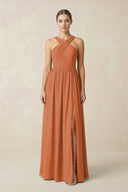 Cross Halter Neck Chiffon A-Line Bridesmaid Dress With Slit in Terracotta - SHE IS ME BRIDESMAID DRESSES