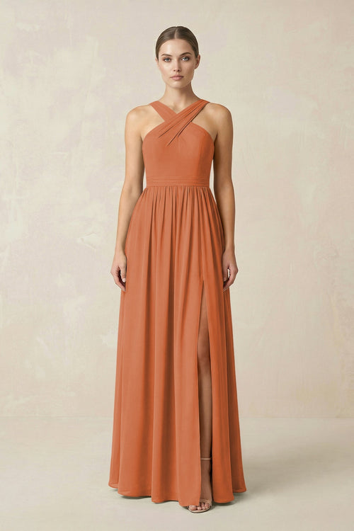 Cross Halter Neck Chiffon A-Line Bridesmaid Dress With Slit in Terracotta - SHE IS ME BRIDESMAID DRESSES