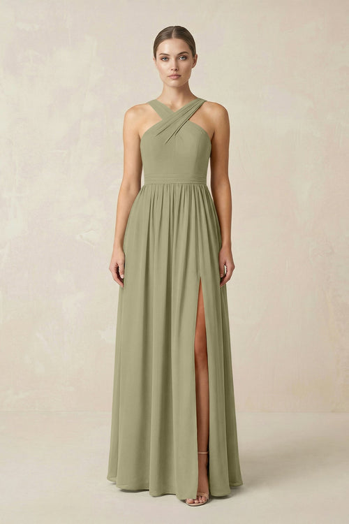 Cross Halter Neck Chiffon A-Line Bridesmaid Dress With Slit in Thyme - SHE IS ME BRIDESMAID DRESSES