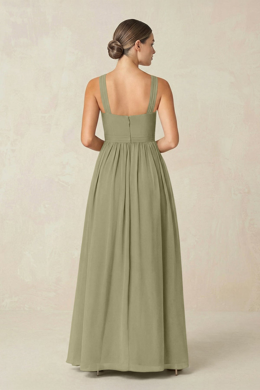 Cross Halter Neck Chiffon A-Line Bridesmaid Dress With Slit in Thyme - KISS BRIDAL BRIDESMAID DRESSES