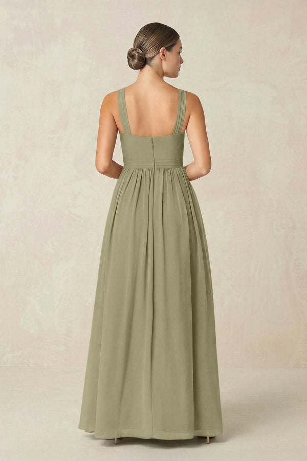Cross Halter Neck Chiffon A-Line Bridesmaid Dress With Slit in Thyme - SHE IS ME BRIDESMAID DRESSES