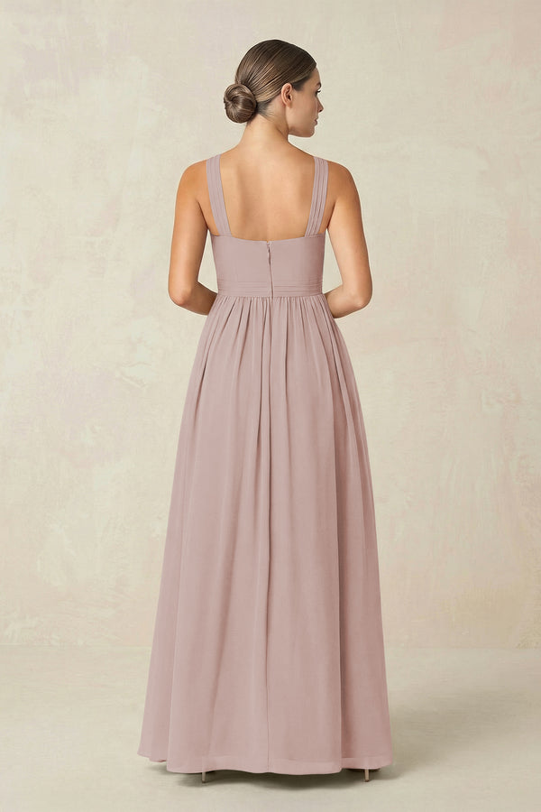 Cross Halter Neck Chiffon A-Line Bridesmaid Dress With Slit in Toffee (2) | KISSBRIDAL