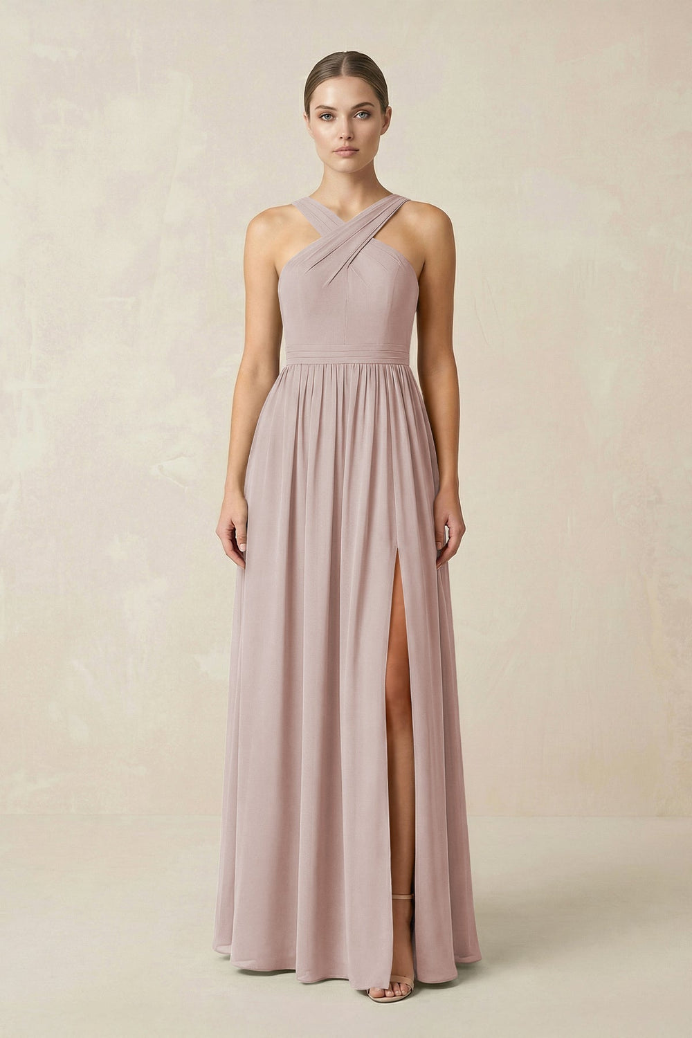 Cross Halter Neck Chiffon A-Line Bridesmaid Dress With Slit in Toffee - KISS BRIDAL BRIDESMAID DRESSES