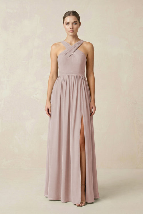 Cross Halter Neck Chiffon A-Line Bridesmaid Dress With Slit in Toffee - SHE IS ME BRIDESMAID DRESSES