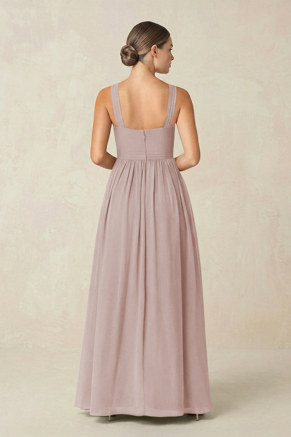 Cross Halter Neck Chiffon A-Line Bridesmaid Dress With Slit in Toffee - SHE IS ME BRIDESMAID DRESSES