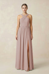Cross Halter Neck Chiffon A-Line Bridesmaid Dress With Slit in Toffee | KISSBRIDAL