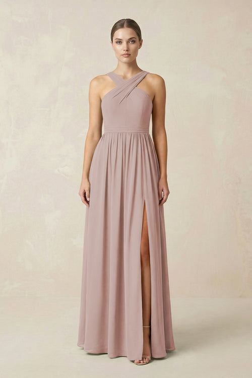 Cross Halter Neck Chiffon A-Line Bridesmaid Dress With Slit in Toffee | KISSBRIDAL