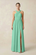 Cross Halter Neck Chiffon A-Line Bridesmaid Dress With Slit in Turquoise - SHE IS ME BRIDESMAID DRESSES