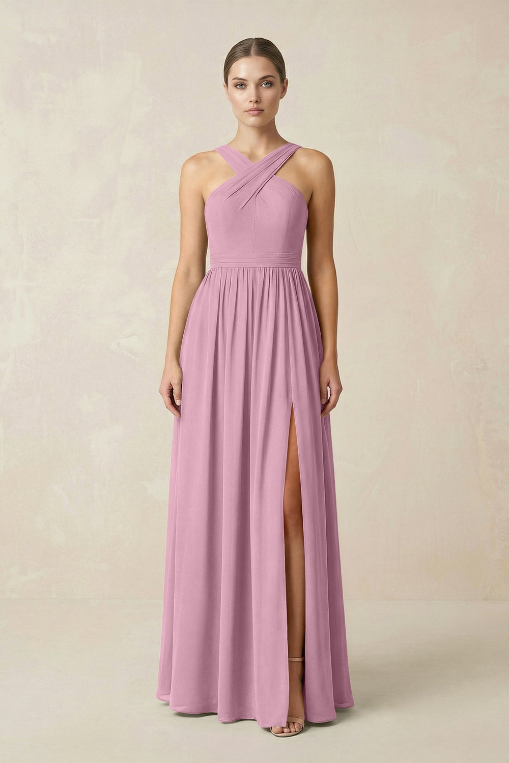 Cross Halter Neck Chiffon A-Line Bridesmaid Dress With Slit in Vintage Mauve - KISS BRIDAL BRIDESMAID DRESSES