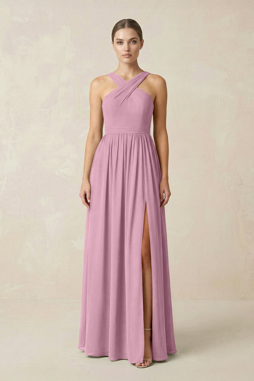 Cross Halter Neck Chiffon A-Line Bridesmaid Dress With Slit in Vintage Mauve - SHE IS ME BRIDESMAID DRESSES