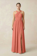 Cross Halter Neck Chiffon A-Line Bridesmaid Dress With Slit in Wild Rose - SHE IS ME BRIDESMAID DRESSES