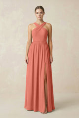 Cross Halter Neck Chiffon A-Line Bridesmaid Dress With Slit in Wild Rose - KISS BRIDAL BRIDESMAID DRESSES