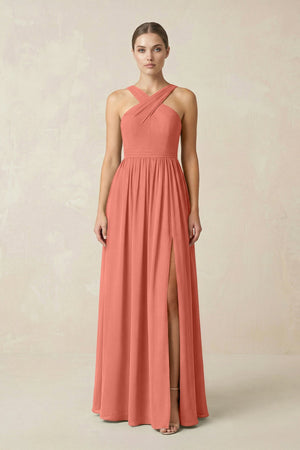 Cross Halter Neck Chiffon A-Line Bridesmaid Dress With Slit in Wild Rose - SHE IS ME BRIDESMAID DRESSES