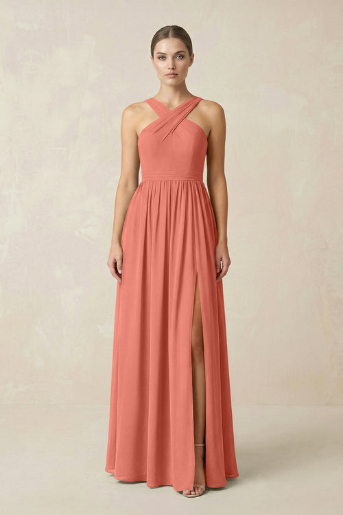 Cross Halter Neck Chiffon A-Line Bridesmaid Dress With Slit in Wild Rose - SHE IS ME BRIDESMAID DRESSES