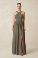 Cross Halter Neck Chiffon A-Line Bridesmaid Dress With Slit in Willow Green - KISS BRIDAL BRIDESMAID DRESSES