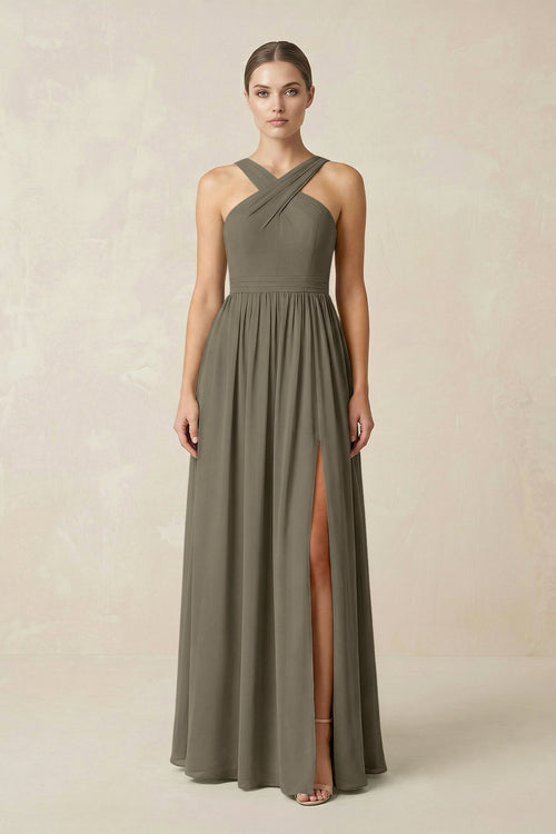 Cross Halter Neck Chiffon A-Line Bridesmaid Dress With Slit in Willow Green - SHE IS ME BRIDESMAID DRESSES