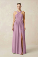 Cross Halter Neck Chiffon A-Line Bridesmaid Dress With Slit in Wisteria - SHE IS ME BRIDESMAID DRESSES